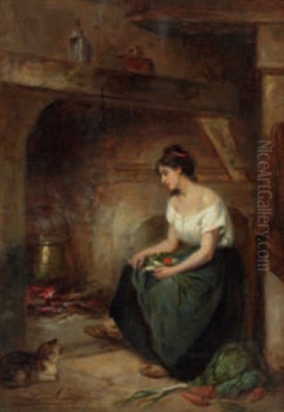 Femme Et Chat A Cote Du Foyer Oil Painting by Leon Emile Caille