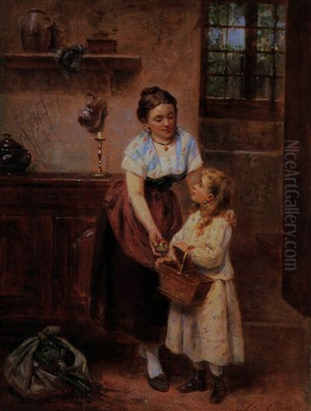 Mutter Und Kind Mit Picknick-korb by Leon Emile Caille