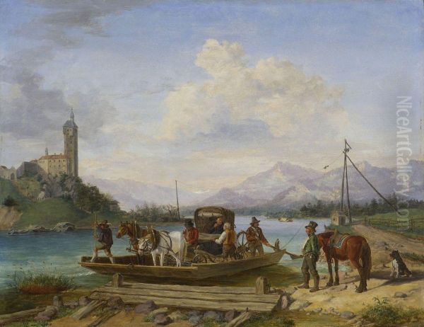 Ein Landgeistlicher Wird Auf Einer Fahre Uber Den Inn Gesetzt. Oil Painting by Karl Altmann