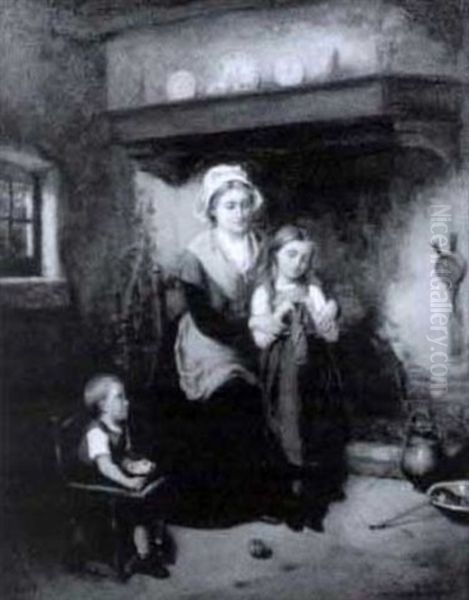 Interior Scene With Woman And Children Oil Painting by Leon Emile Caille