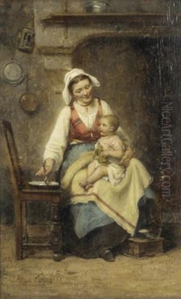 Feeding Time (+ Kiss Goodnight; Pair) Oil Painting by Leon Emile Caille