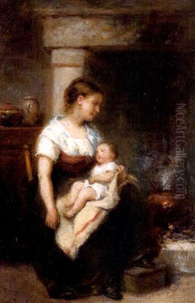 Mere Et Enfant Devant L'atre Oil Painting by Leon Emile Caille