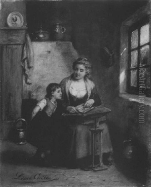 Mother And Daughter In An Interior Oil Painting by Leon Emile Caille