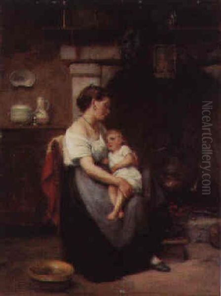 Mother Ans Child Before The Kitchen Fire Oil Painting by Leon Emile Caille