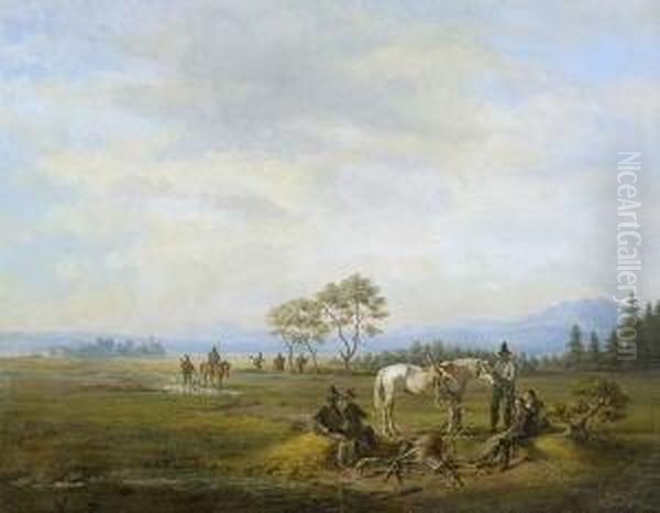 Rastende Jagdgesellschaft Am
 Chiemsee. Oil Painting by Karl Altmann