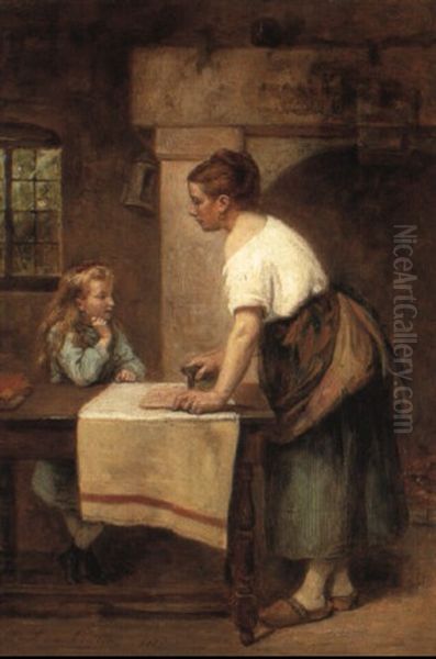 A Household Task Oil Painting by Leon Emile Caille