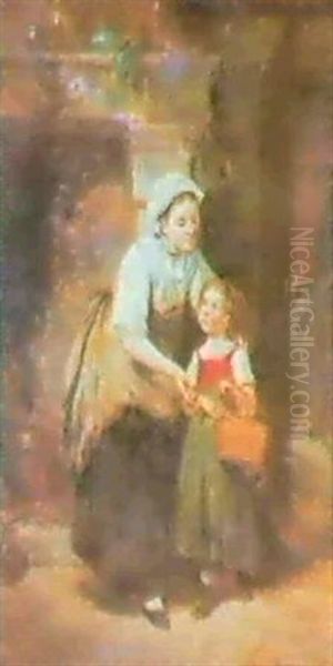 Mother And Child In Front Of A Fireplace Oil Painting by Leon Emile Caille