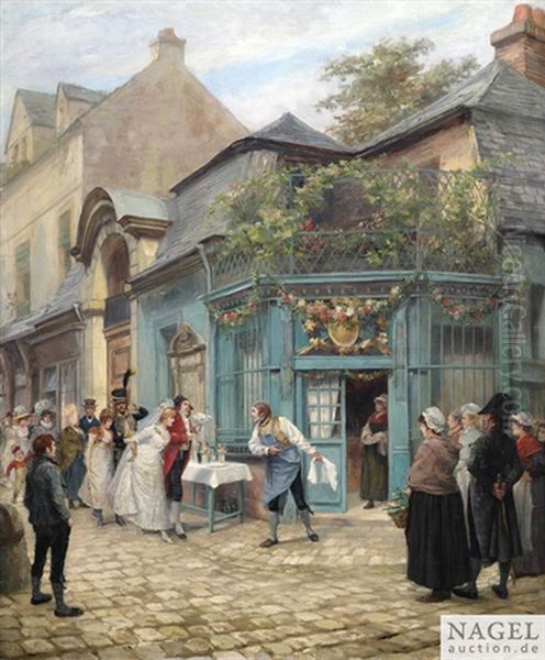 In Der Altstadt Wird Eine Hochzeitsgesellschaft Vor Dem Restaurant Vom Gastwirt Empfangen Oil Painting by Georges Jules Auguste Cain