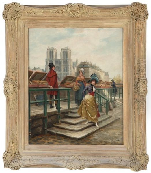 Paris Bookstalls Near Notre Dame Oil Painting by Georges Jules Auguste Cain