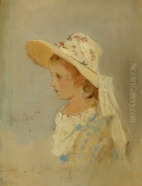 Profile Portrait Of Girl With Hat Oil Painting by Georges Jules Auguste Cain