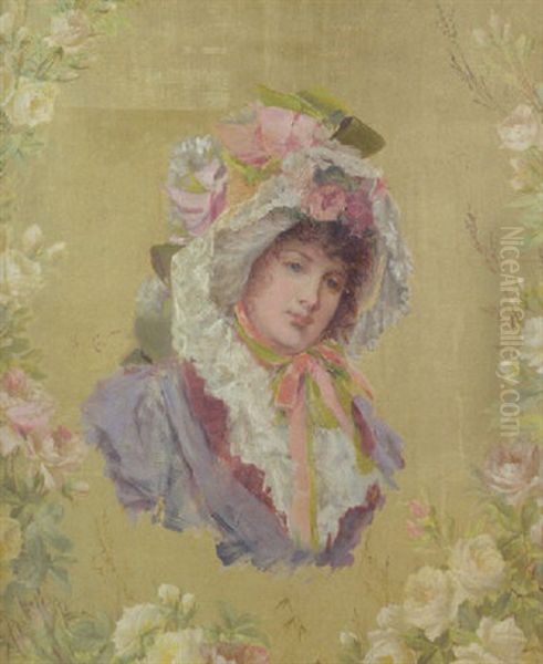 A Young Beauty In A Guirland Of Flowers Against A Gold Background Oil Painting by Georges Jules Auguste Cain