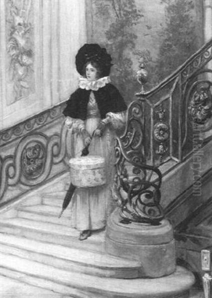 Lady Descending Staircase Oil Painting by Georges Jules Auguste Cain