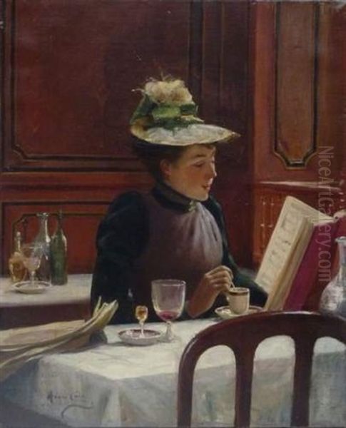 Jeune Elegante Au Bistro Oil Painting by Henri Cain