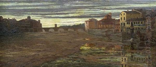 Italienische Stadt An Einem Breiten Flus In Der Abenddammerung Oil Painting by Gerolamo Cairati