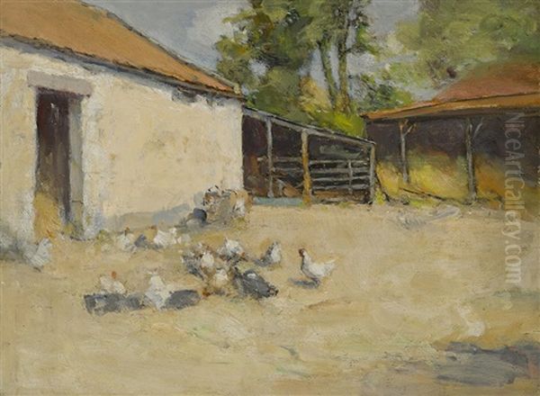 Hens Outside A Barn, Ceres, Scotland Oil Painting by Robert D. Cairns