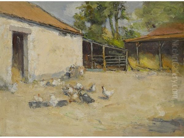 Hens Outside A Barn, Ceres, Scotland Oil Painting by Robert D. Cairns