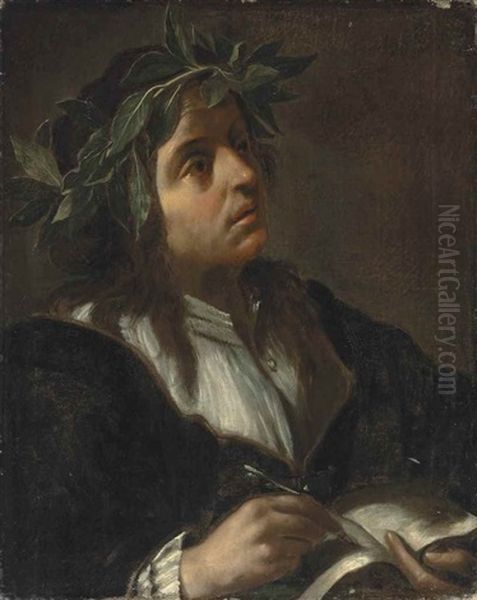 Portrait Of A Poet, Bust-length, With A Laurel Wreath, Holding A Book And A Quill Oil Painting by Francesco del Cairo