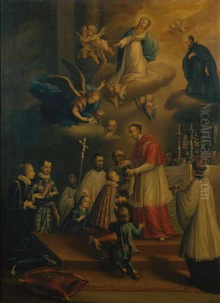 Der Hl. Aloysius Von Gonzaga Empfangt Die Erstkommunion Durch Den Hl. Karl Borromaus, Erzbischof Von Mailand Oil Painting by Francesco del Cairo