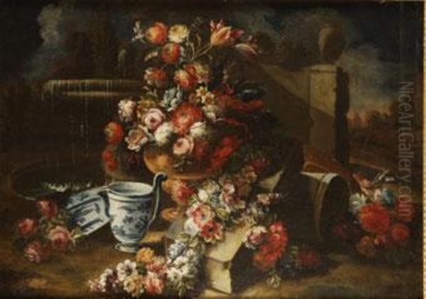 Jarron De Flores Con Guirnaldas Junto A Una Fuente En Un Jardin Oil Painting by Francesco Antonio Altobello