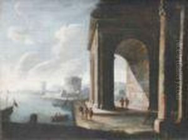 Guardi A Capriccio Ofclassical Ruins And Figures On The Coast Oil Painting by Francesco Antonio Altobello