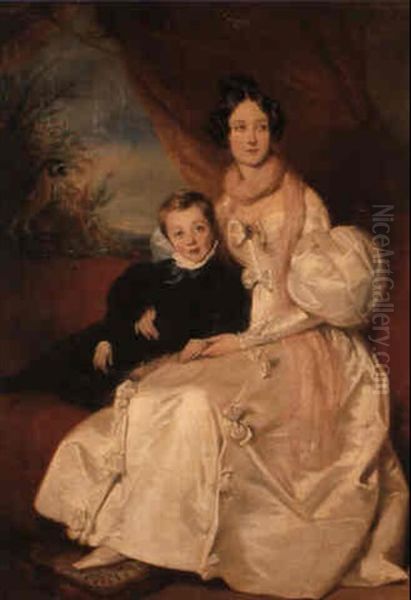 Portrait De La Baronne Simonis Et De Son Fils Oil Painting by Henri De Caisne