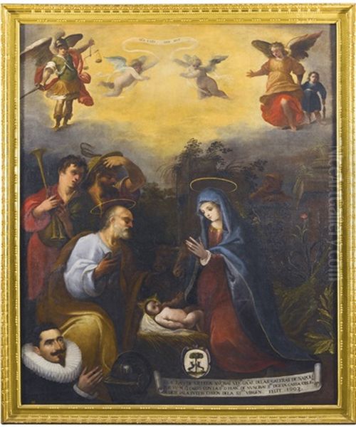 Adoration Of The Shepherds With A Portrait Of The Donor Don Juan De Villela Nuncibay At Prayer Oil Painting by Patricio Cajes