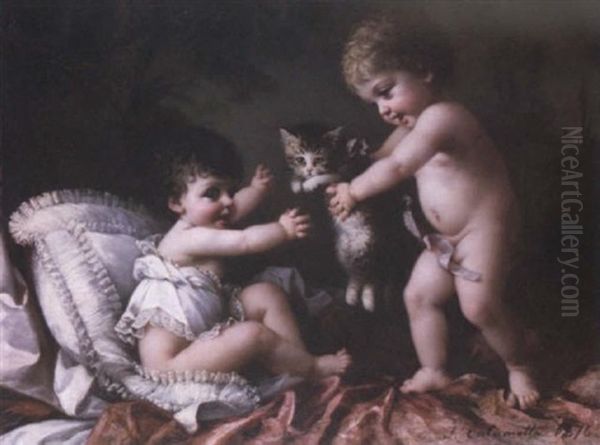 Playing With The Kitten Oil Painting by Josephine Calamatta