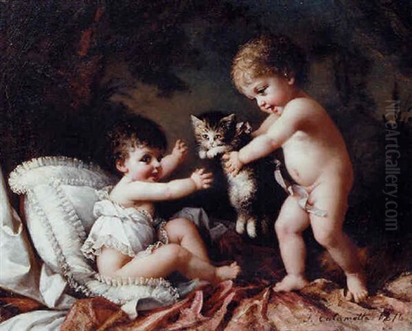 Playing With The Kitten Oil Painting by Josephine Calamatta