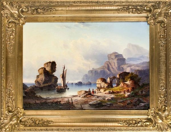 Kustenlandschaft Mit Einem In Einer Bucht Anlegenden Segelboot Oil Painting by Alexandre Calame