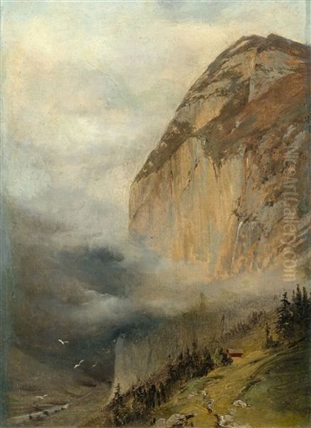 Falaises (large Cliffs) Oil Painting by Alexandre Calame