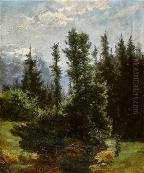 Foret De Sapins Et Petit Personnage Qui Porte Du Bois Oil Painting by Alexandre Calame