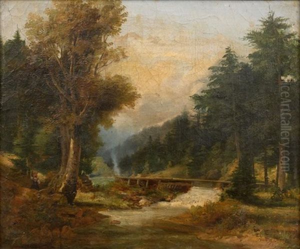 Pont Sur Le Torrent En Foret, 1835 Oil Painting by Alexandre Calame