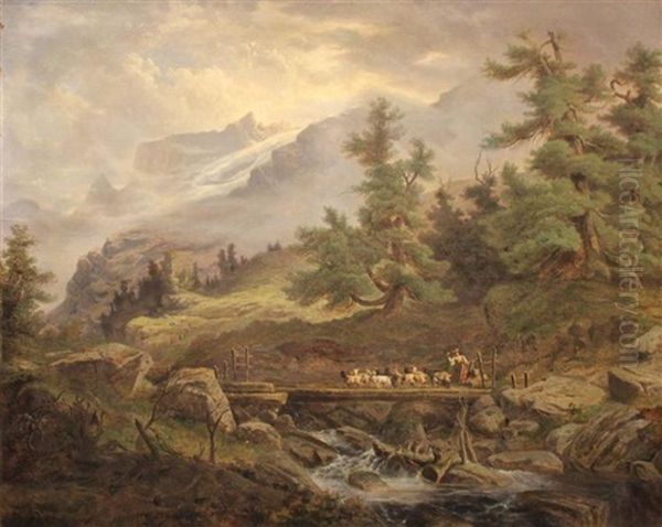 Alpine Landscape With Goats And Goat Herder Oil Painting by Alexandre Calame