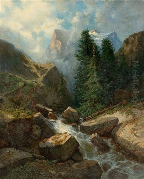 View Of The Wellhorn And Wetterhorn From Rosenlaui Oil Painting by Alexandre Calame