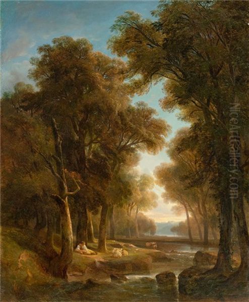 Paysage Avec Arbres, Eau, Bergers Et Vaches (landscape With Trees, Water, Shepherds And Cows) by Alexandre Calame