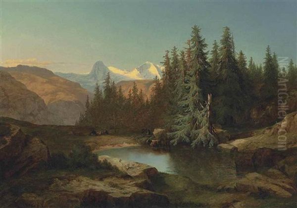 Kleiner Bergsee, Ausblick Auf Die Berner Alpen Oil Painting by Alexandre Calame