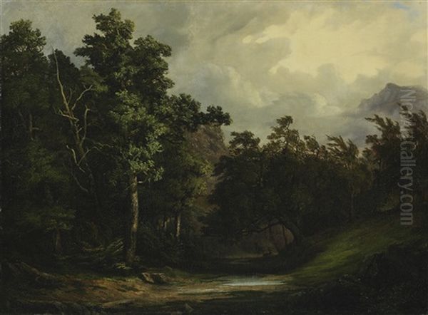 Interieur De Foret Avec Deux Cerfs Oil Painting by Alexandre Calame