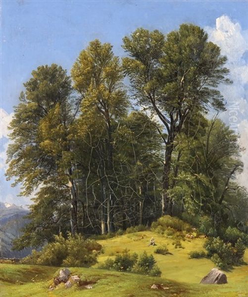 Wiesenlandschaft Mit Schafer Und Schafen Vor Laubbaumgruppe Oil Painting by Alexandre Calame