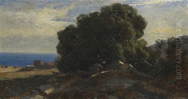 Massif D'arbres Et Bord De Mer, Vers Bordighera Oil Painting by Alexandre Calame