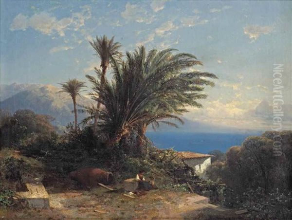 Palmtrees At The Riviera, France Oil Painting by Alexandre Calame