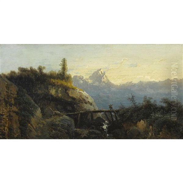 Berglandschaft Mit Brucke Und Bauern Oil Painting by Alexandre Calame