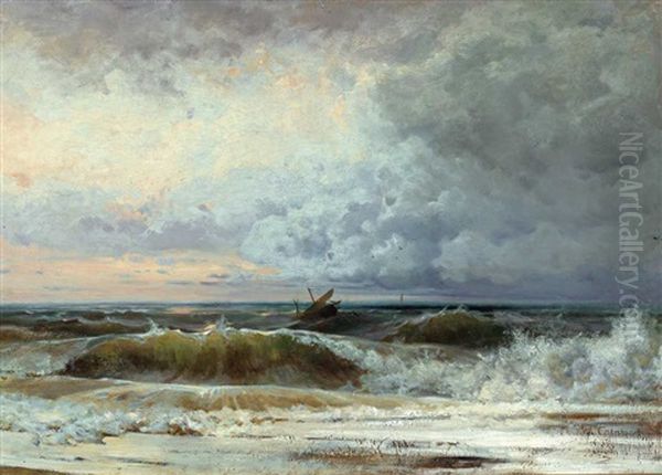 Strandansicht Mit Einem Havarierten Schiff In Sturmischer See Vor Dramatischer Gewitterwolken-stimmung Oil Painting by Alexandre Calame