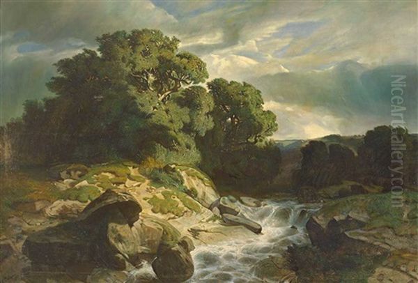 Wildbach Mit Malerischer Baumgruppe Bei Abziehendem Gewitter Oil Painting by Alexandre Calame