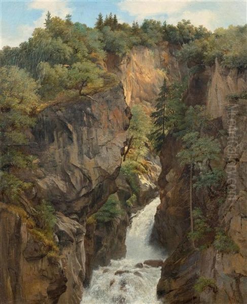 Torrent Dans Une Gorge, Arbres / Reichenbach Falls Oil Painting by Alexandre Calame