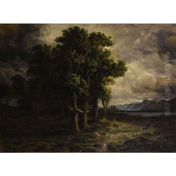 Chenes Battus Par L'orage Oil Painting by Alexandre Calame