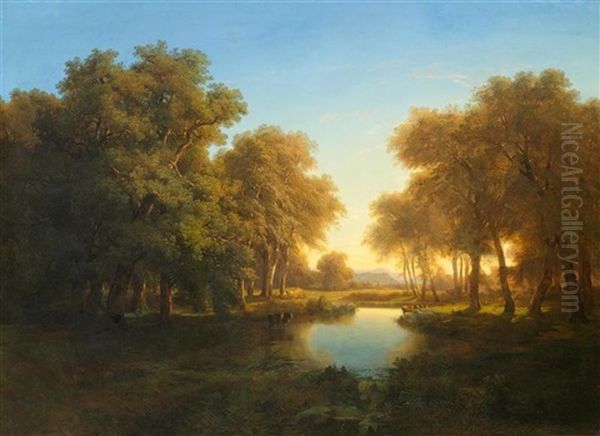 Seelandschaft Im Sonnenuntergang Oil Painting by Alexandre Calame