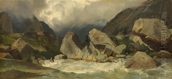 Torrent De Montagne, Rochers, Vue Sur Une Vallee Oil Painting by Alexandre Calame