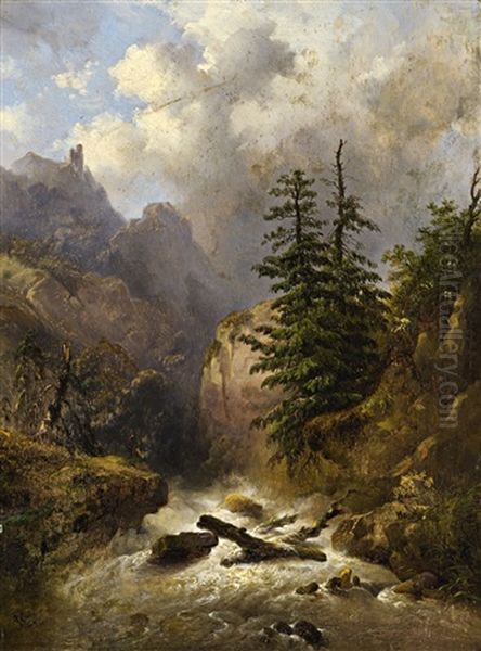 A Moutainous Landscape With A Stream And Pine Oil Painting by Alexandre Calame