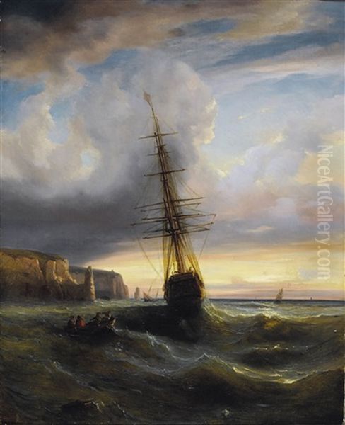 Felsige Meereskuste Mit Segelschiff Im Abendrot Oil Painting by Alexandre Calame