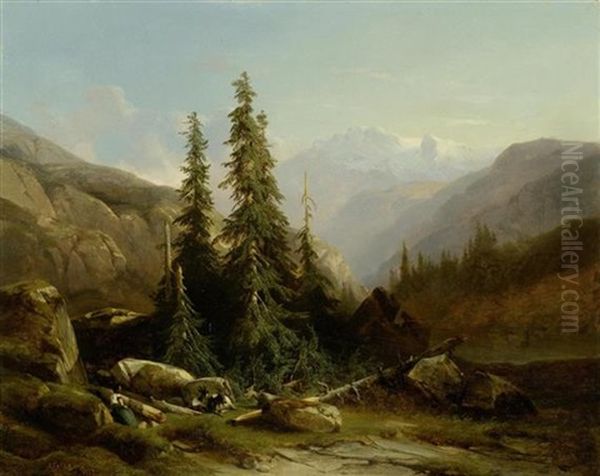 Alp Mit Wettertannen, Wohl Im Berner Oberland Oil Painting by Alexandre Calame